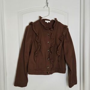 24. Camellia | Brown Ruffle Button-Up Jacket – Size Small (Oversized Fit)